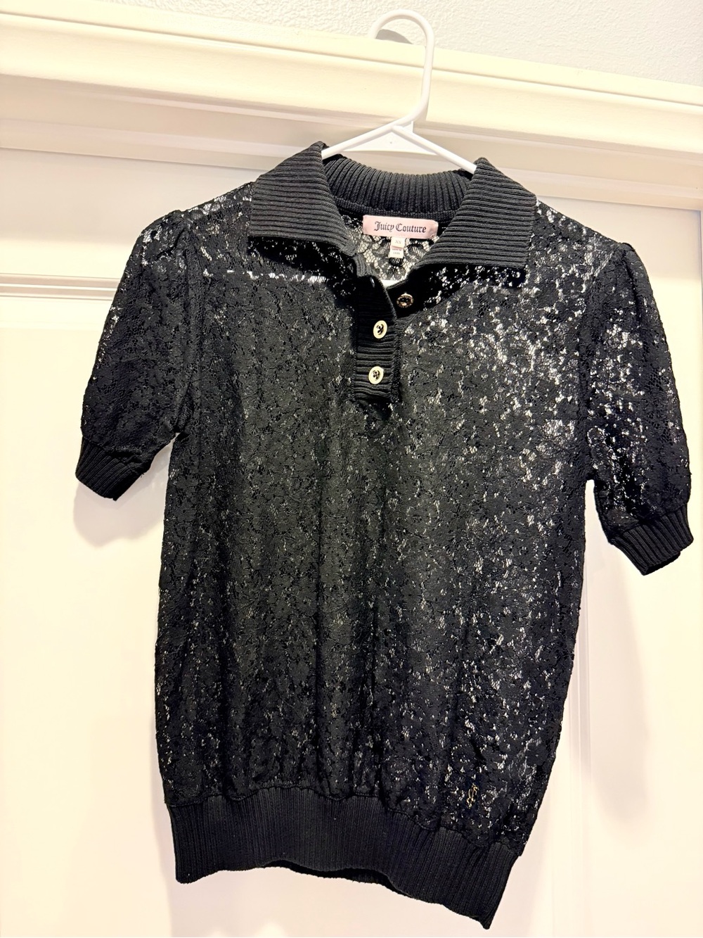 Juicy Couture Black Lace Polo Top XS Y2K Sheer Short Sleeve